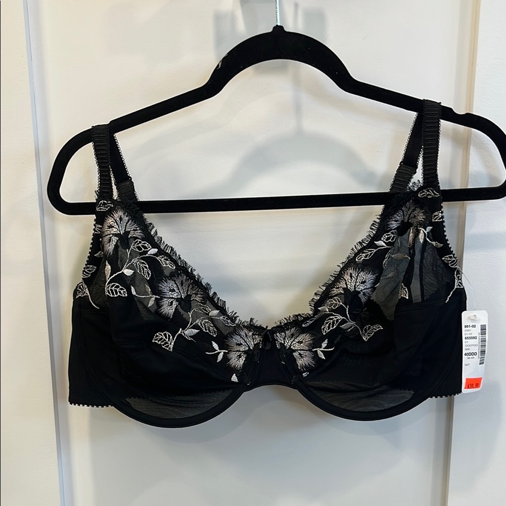 Addition Elle Black Bra with White Floral Embroidery